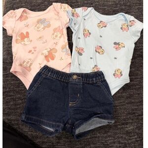 Disney Pink and Blue Baby Bodysuits with Denim Shorts